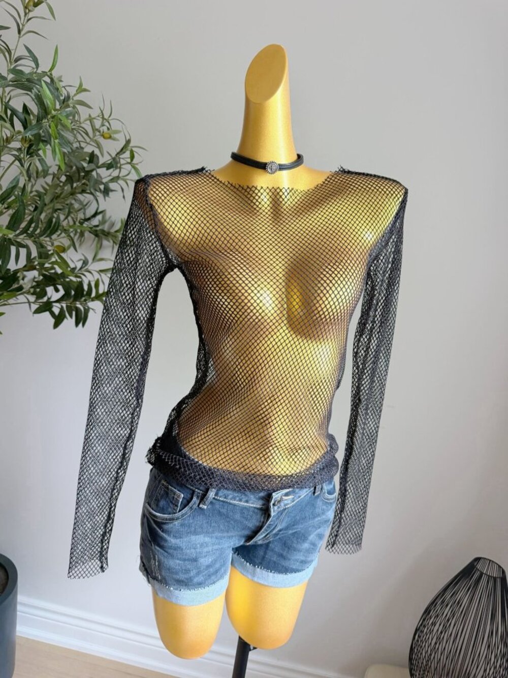 Black Fishnet Mesh Sheer Long Sleeve Top M
